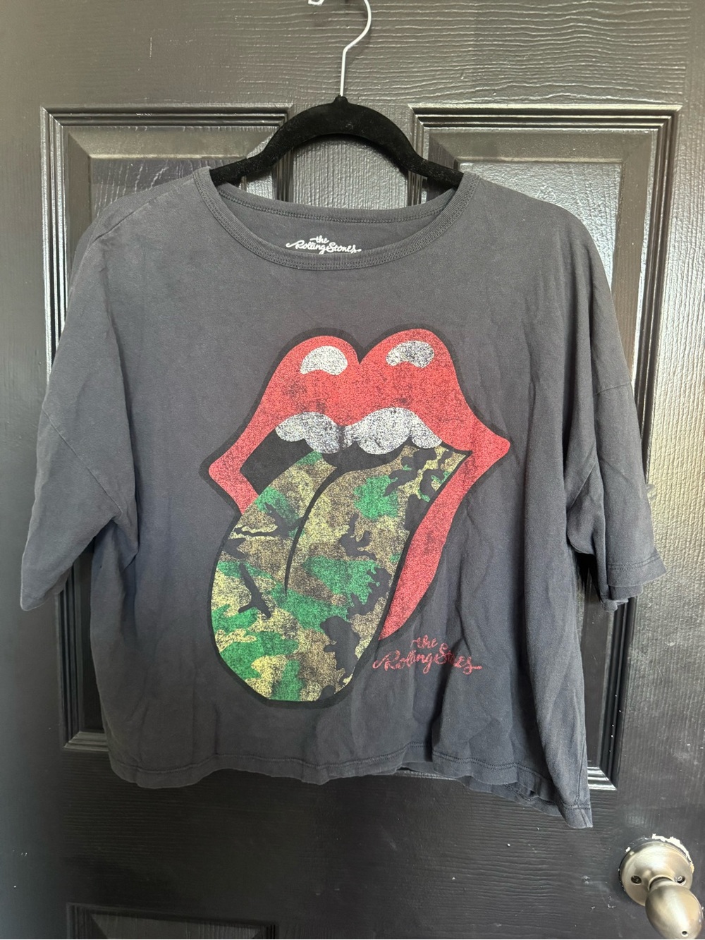 the Rolling Stones Black Tee with Red Lips and Green Camo Tongue Graphic